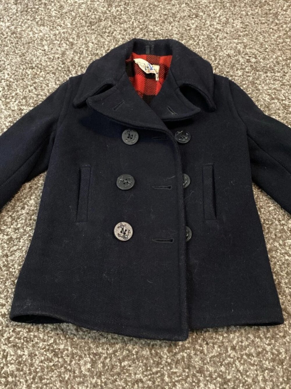 VTG Black Wool Peacoat Navy Styled Hi-Val Foul Anchor Buttons Plaid Lined SMALL